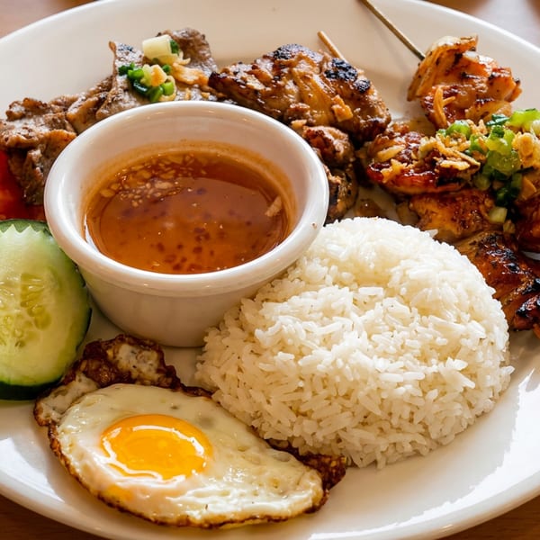 Plate with chicken and beef skewers, rice, fried egg, cucumber, tomatoes, and dipping sauce.